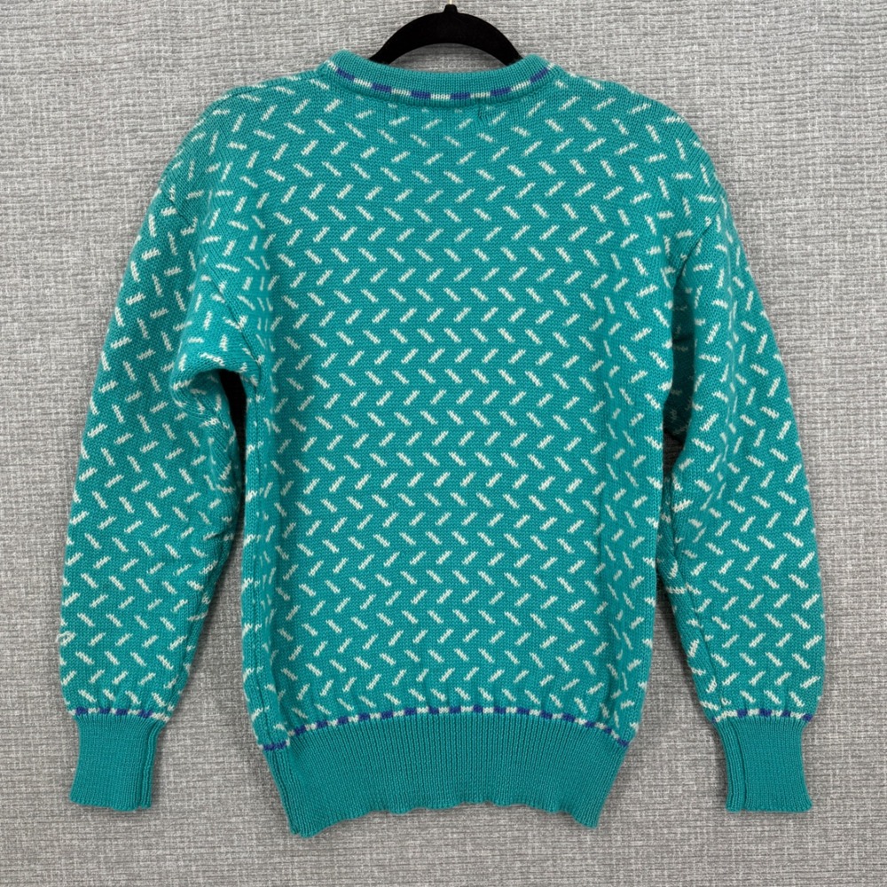 Vintage Windborne Sweater Women M Wool Teal White Geometric Knit Boho Country - Picture 2 of 10